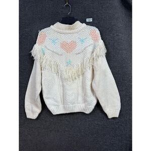VTG Spice Of Life Sweater Womens Sz L White Fringe Heart Fair Isle Pullover Knit